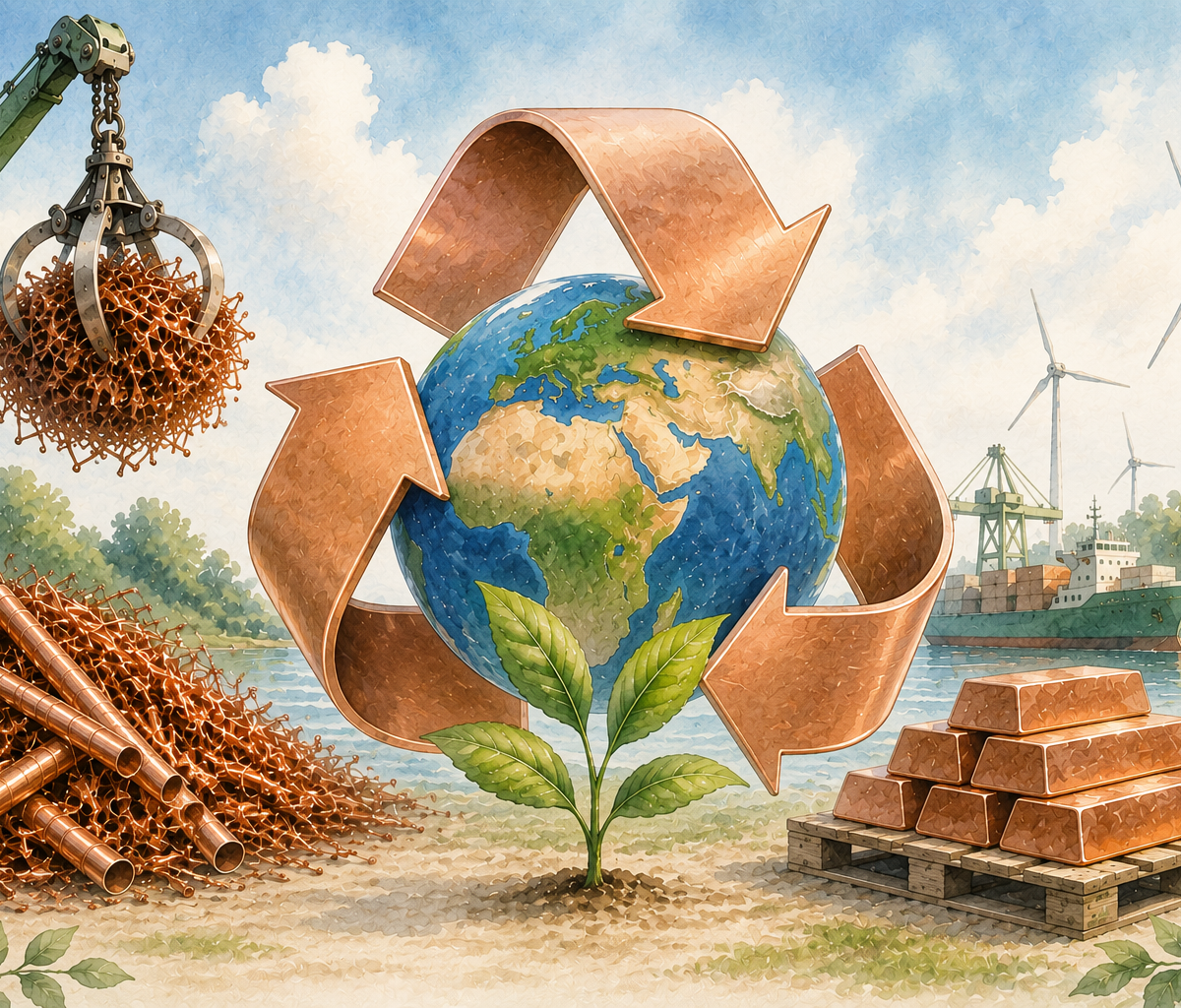 Illustration of sustainable copper trading featuring copper scrap recycling, refined copper ingots, global circular economy practices, renewable energy, and responsible metal sourcing.