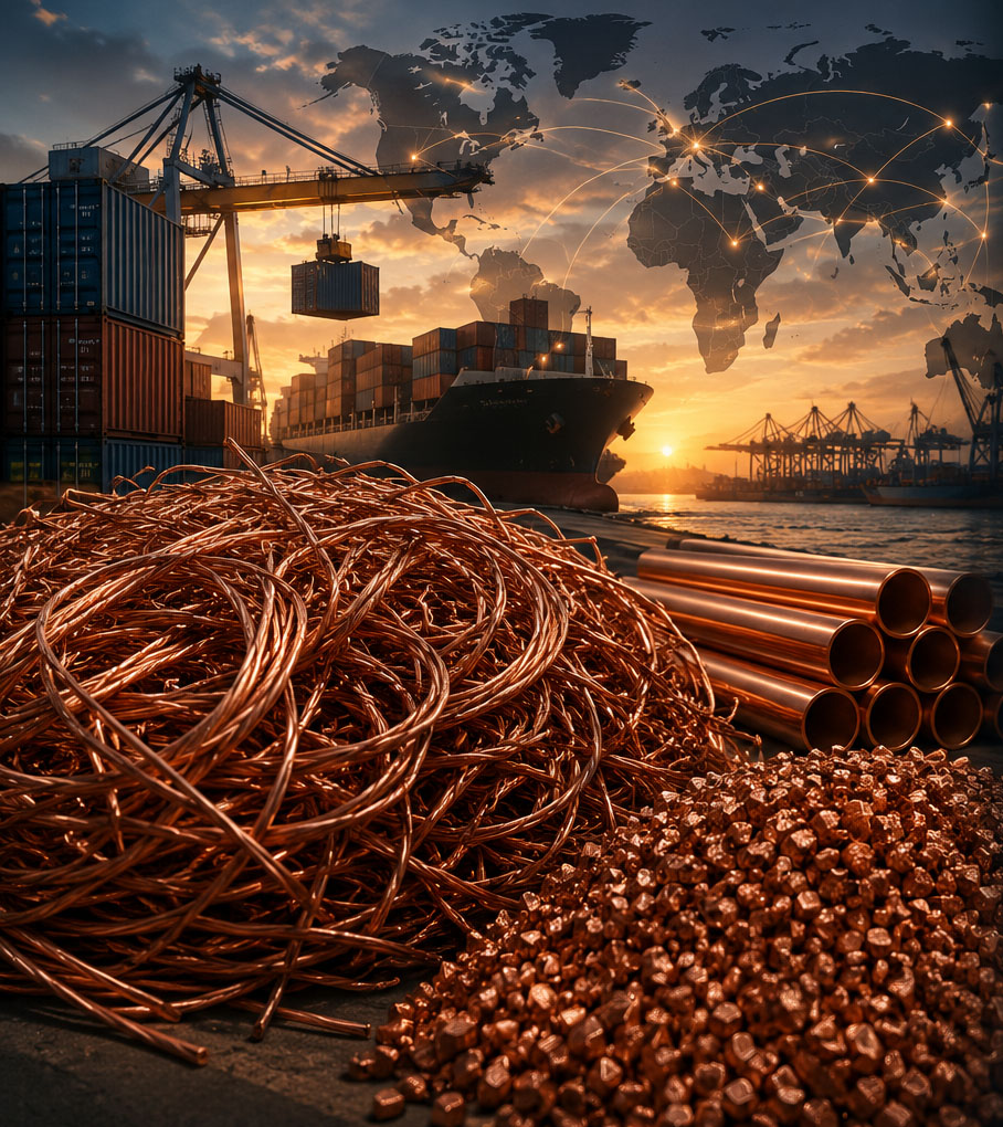 Copper scrap sourcing and global metal trading network by Vertex Metals Group featuring Millberry copper, copper tubing, copper granules, and international logistics.