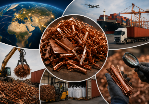 Global copper scrap quality control and export logistics showing international sourcing, container shipping, inspection, and metal handling processes for Vertex Metals Group.